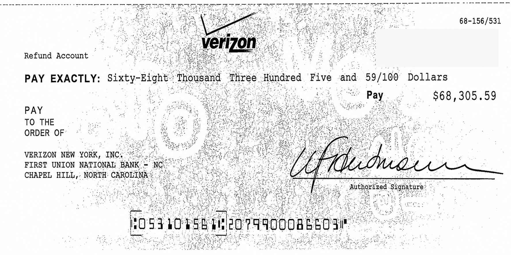 Verizon refund check for $68,305.59