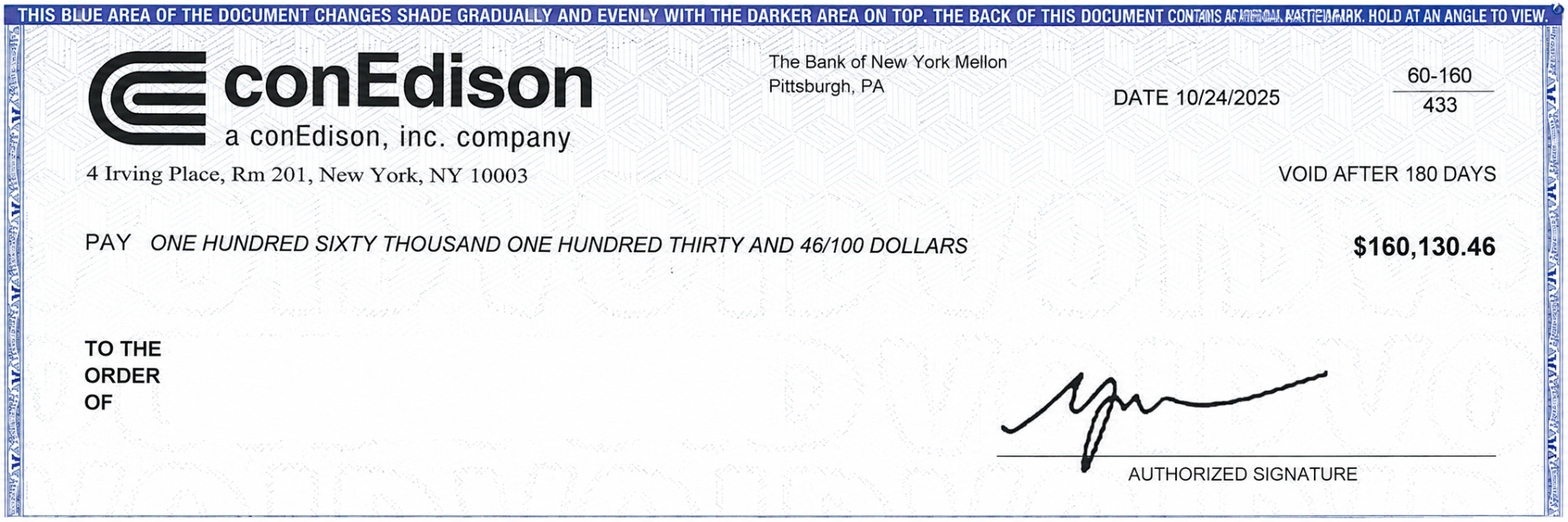 Con Edison recovery check for $160,130.46