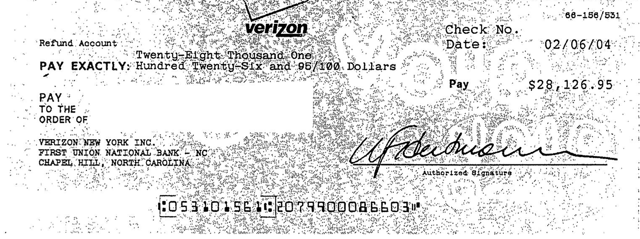 Verizon refund check for $28,126.95